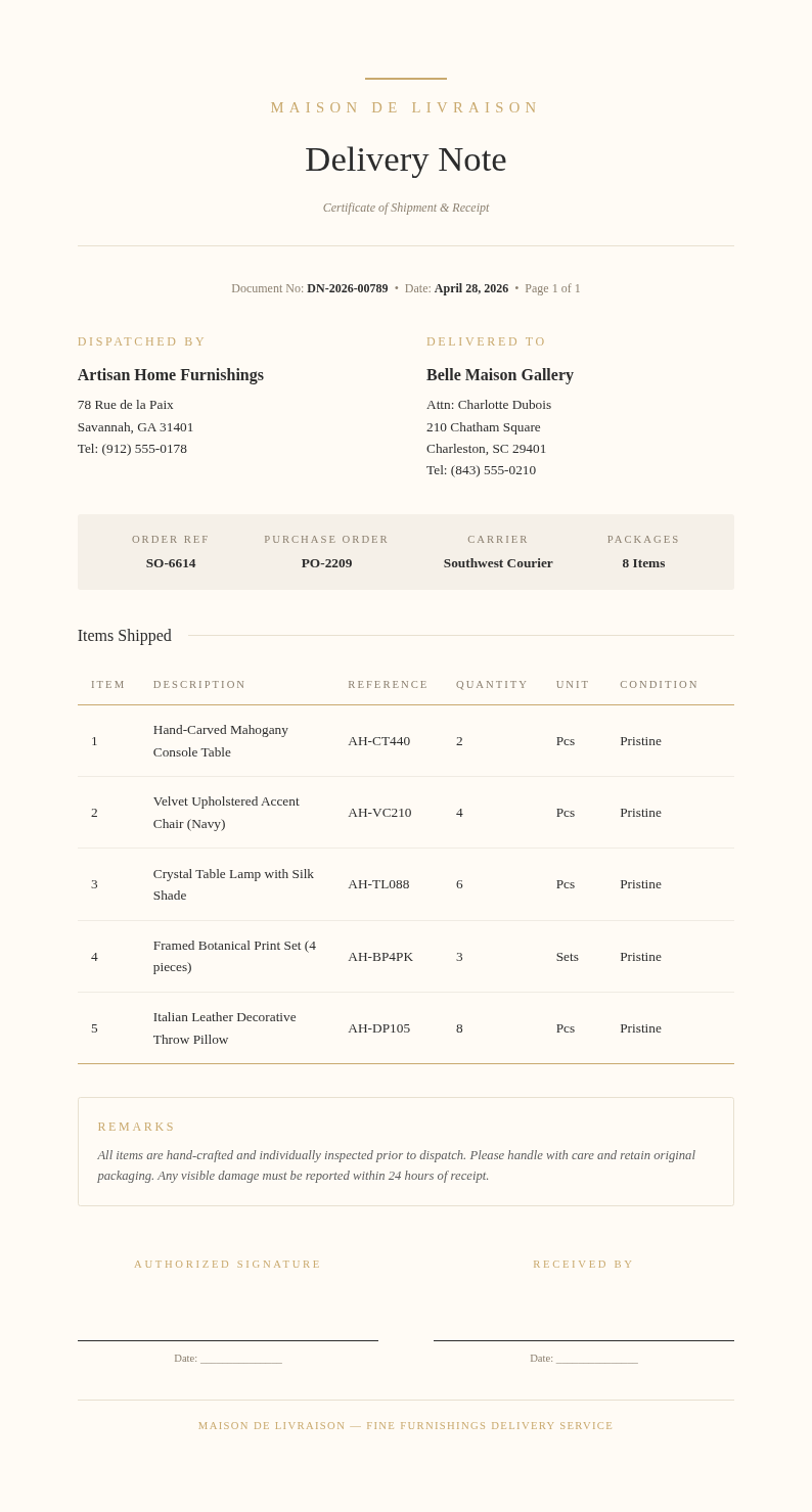 Elegant sophisticated delivery note